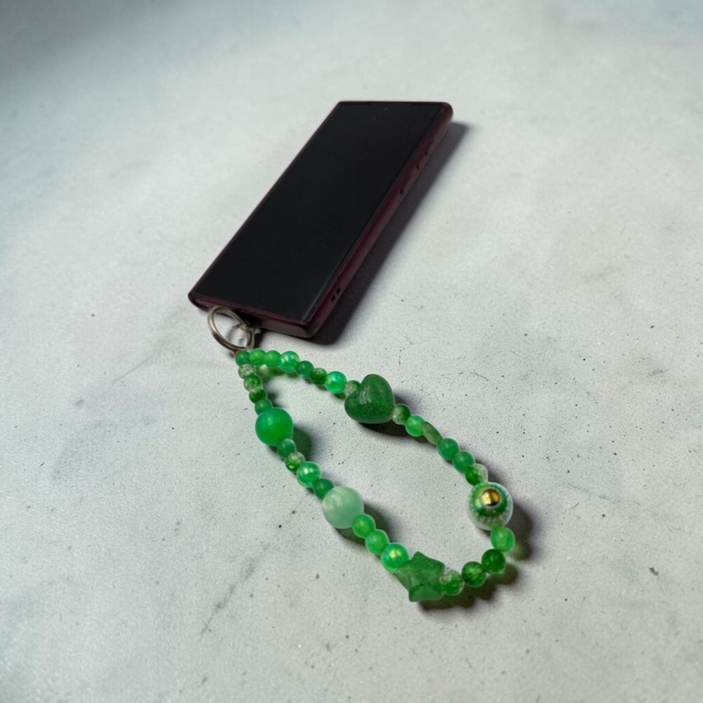 Handmade green beaded phone charm